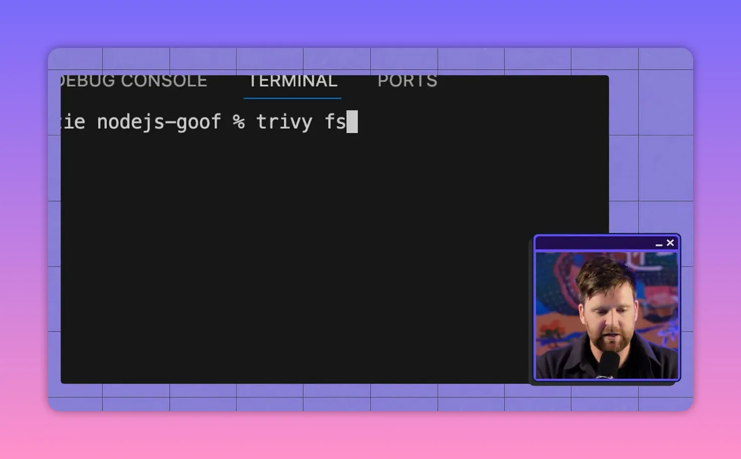 Terminal window showing the command prompt with 'trivy fs' typed and a small presenter thumbnail overlay.