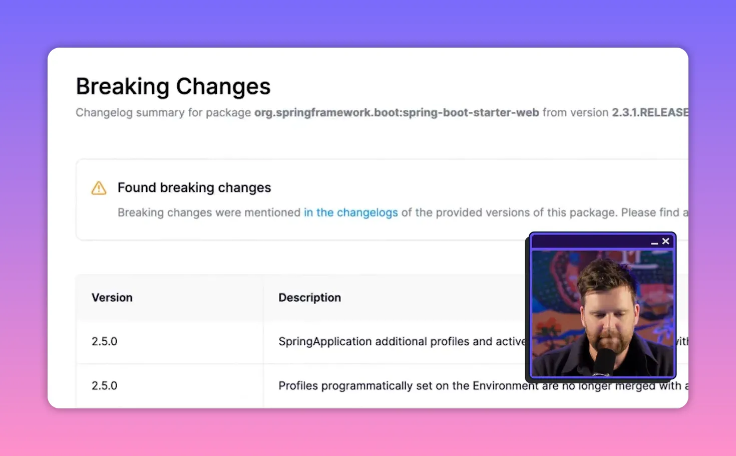 Close-up of a 'Breaking Changes' modal showing a 'Found breaking changes' warning and a table of versions and descriptions in an SCA tool; presenter inset at bottom-right.