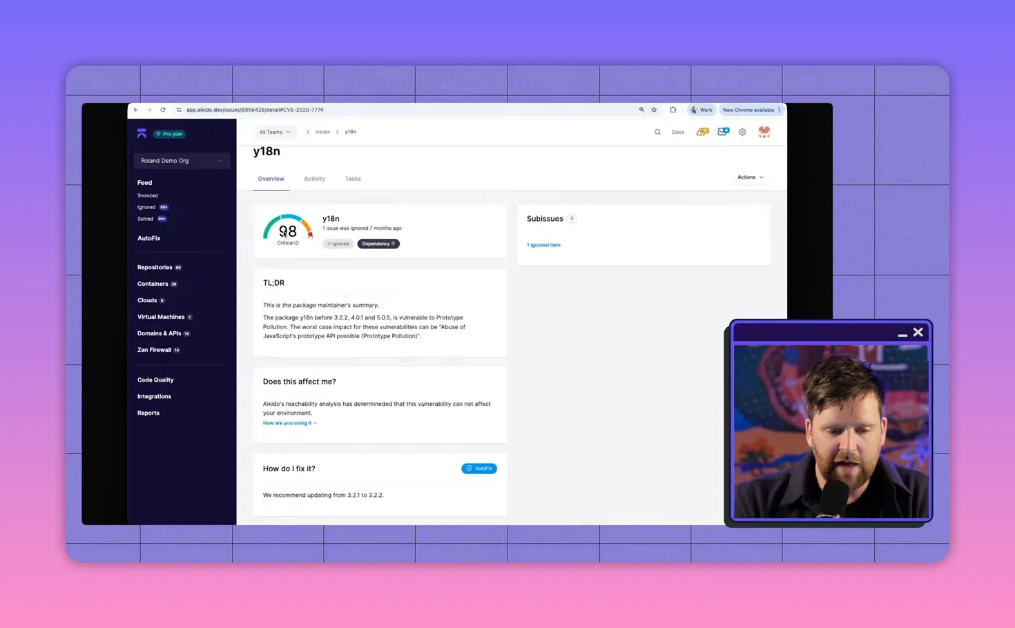 SCA dashboard showing y18n issue overview with 'Does this affect me?' reachability result and autofix suggestion plus presenter thumbnail