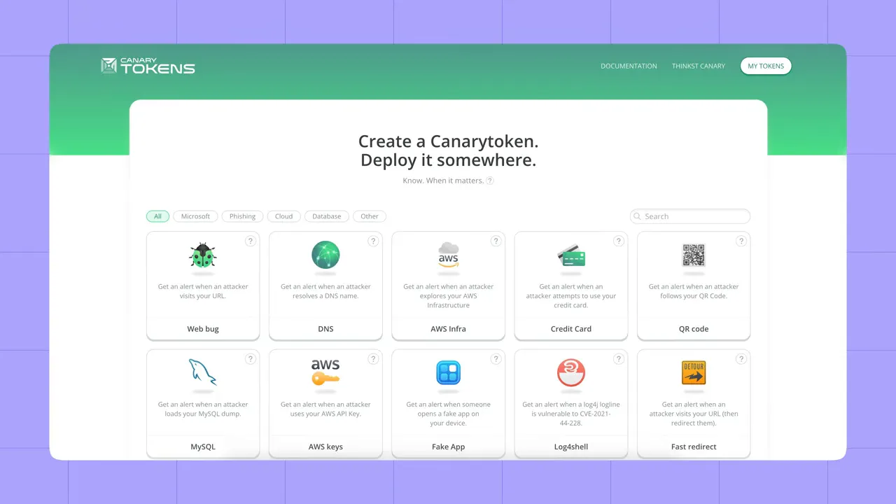 Canarytokens web dashboard showing token types (Web bug, DNS, AWS infra, Credit Card, QR code, MySQL, AWS keys, Fake App, Log4shell, Fast redirect)