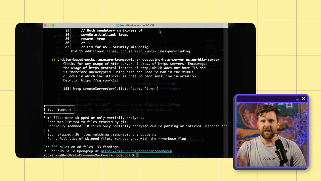 Terminal 'Scan Summary' output showing scan findings and message that scan was limited to files tracked by git, with presenter inset