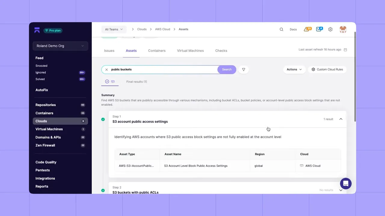 CSPM interface with a natural-language search for public buckets and asset results