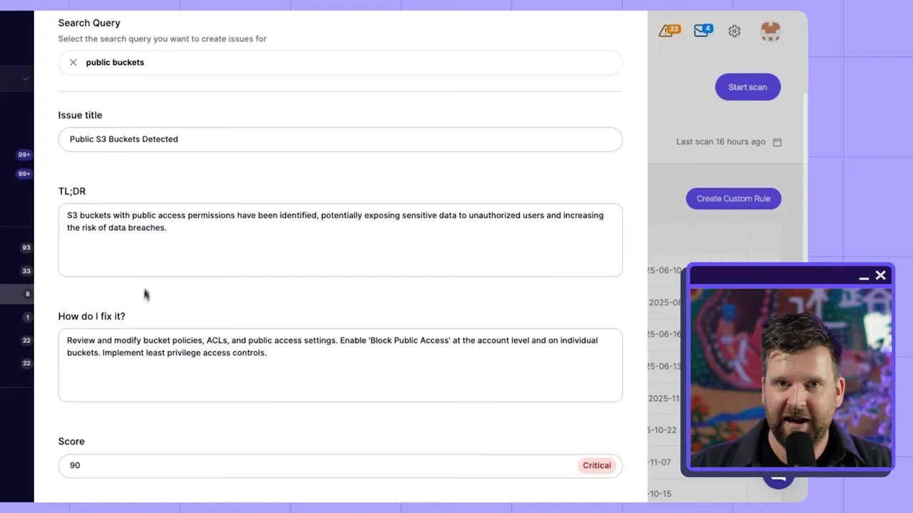 CSPM platform custom rule creation form with search query 'public buckets', TL;DR and remediation steps; small presenter video overlay in corner