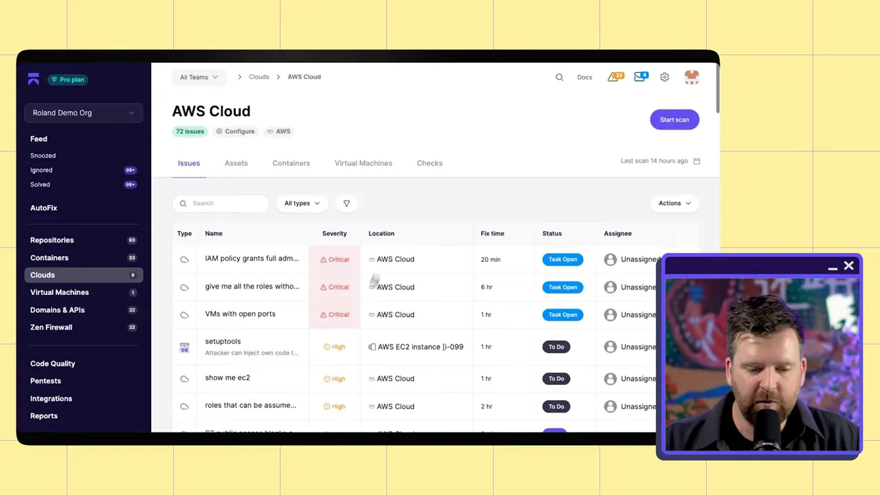 Commercial CSPM dashboard titled 'AWS Cloud' with an issues table listing names, severity, location, fix time, status and assignee; presenter video overlay at bottom-right.