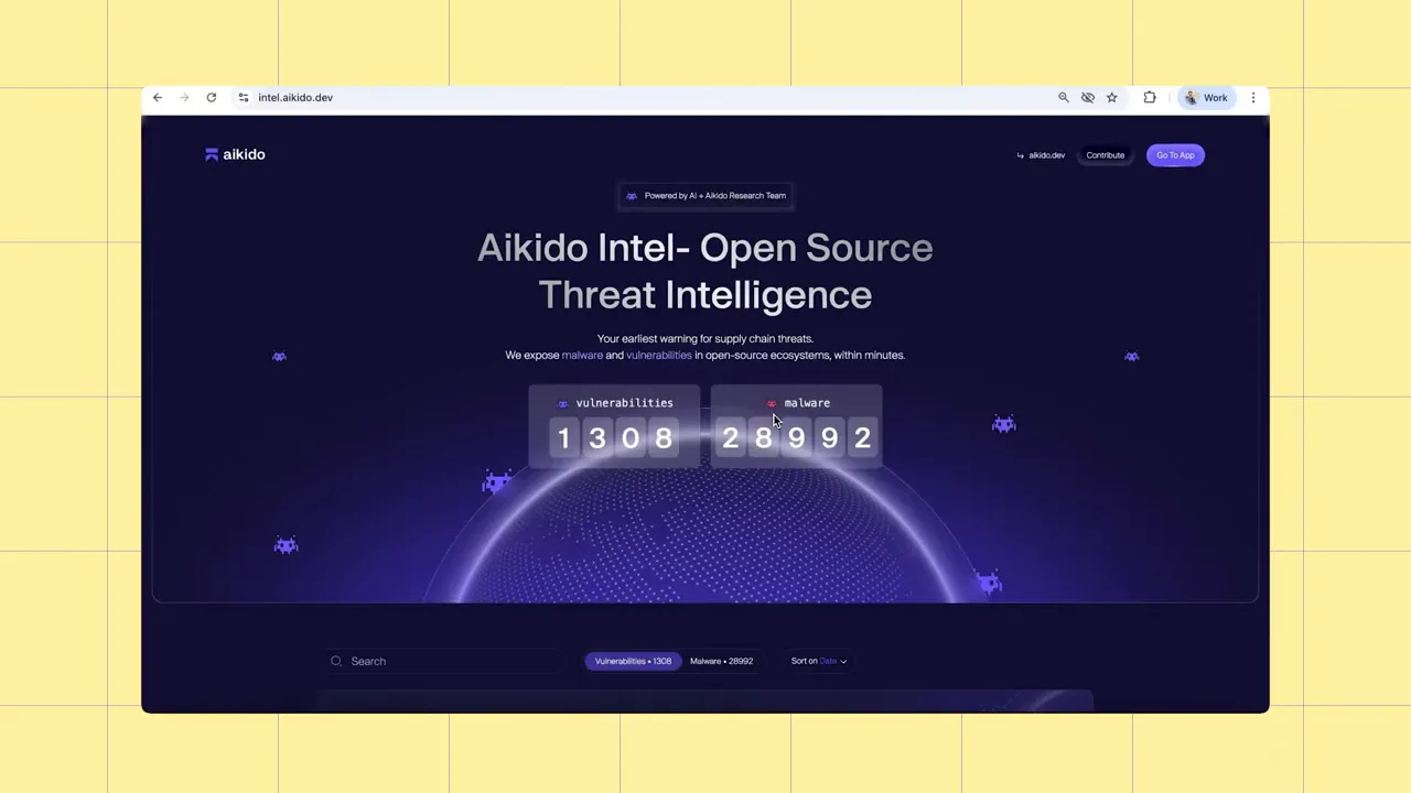 screenshot of Aikido Intel homepage with counters showing vulnerabilities and a malware count of 28,992