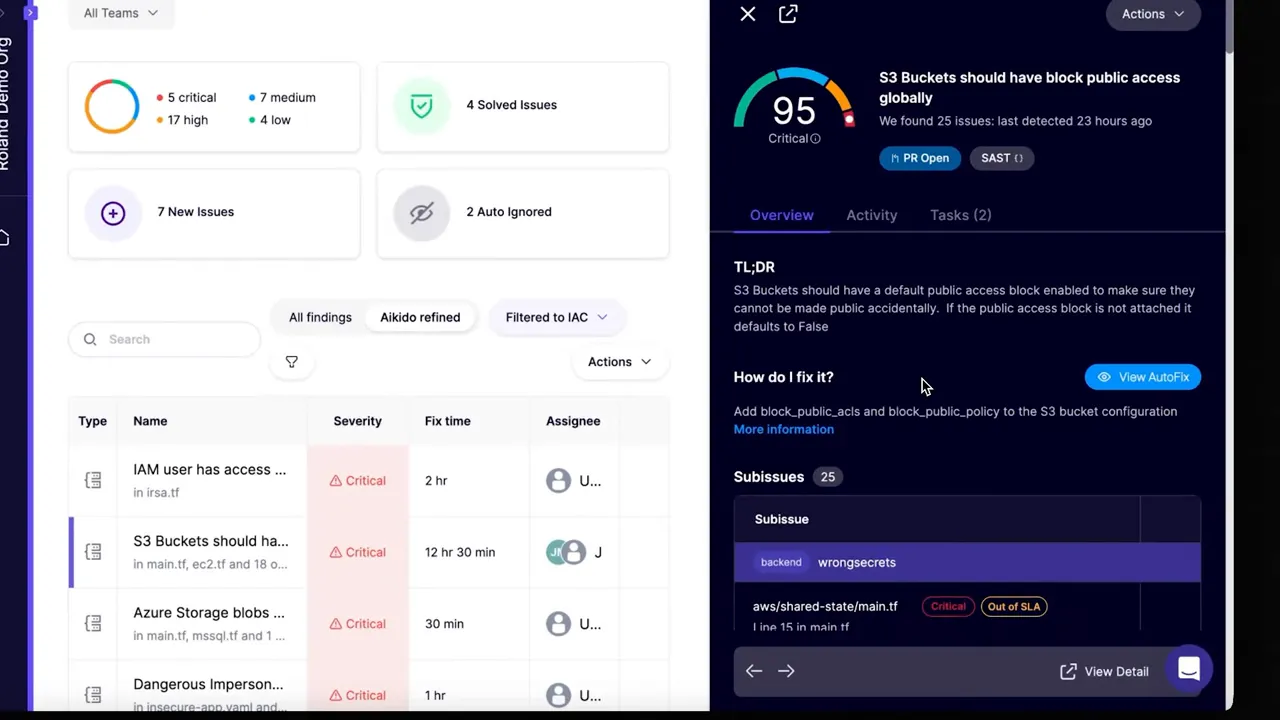 IaC finding detail panel showing S3 bucket recommendation, file path in repo, severity and AutoFix button