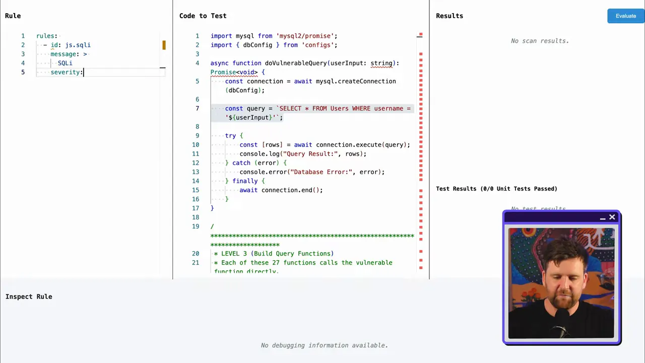 SAST UI showing YAML rule fields on the left, vulnerable SQL code in the center, and an Evaluate button in the results pane