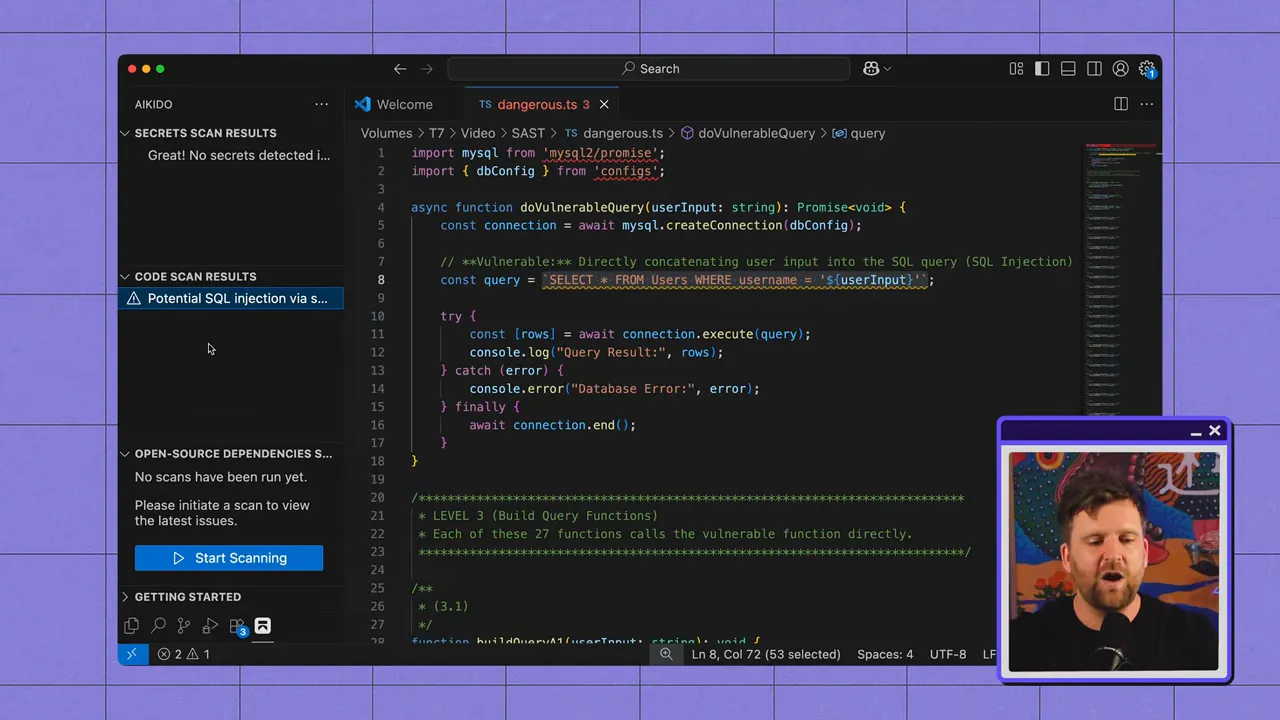 Code editor with a selected 'Potential SQL injection' scan result and visible vulnerable query