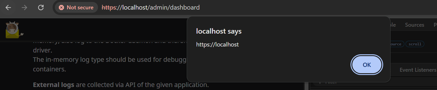 On the localhost copy of mailcow, there's a popup that reads "localhost says https://localhost