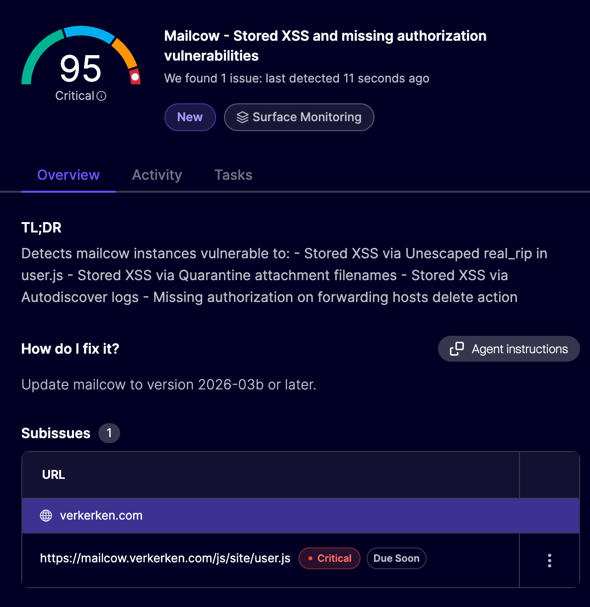 Aikido dashboard showing a score of 95: Critical for Mailcow. It also contains a TL;DR and steps to fix it.