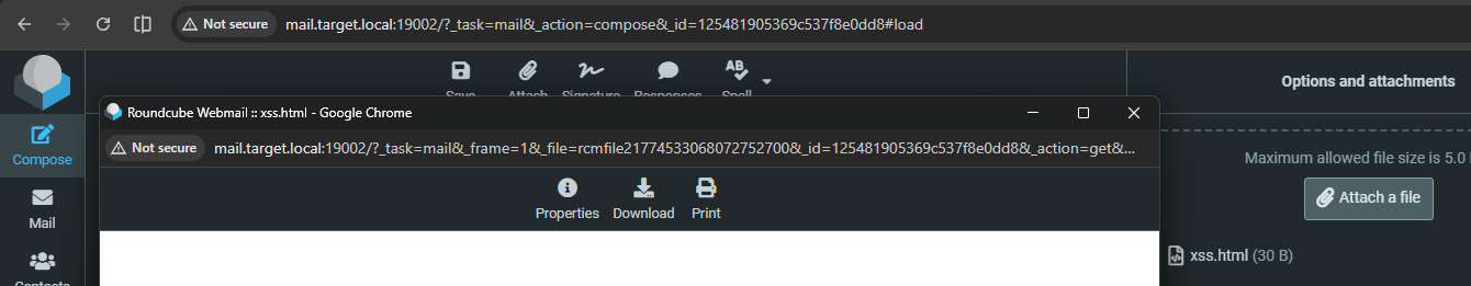 Screenshot des Erstellungsfensters von Roundcube mit einer angehängten Datei „xss.html“. Ein Popup-Fenster zeigt den über die „get“-Aktion gerenderten Anhang an, wobei der Bereich, in dem das Skript ausgeführt würde, leer bleibt, da es durch die Content Security Policy blockiert wird.