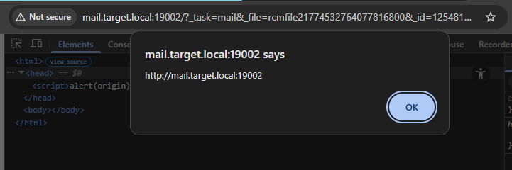 Der Screenshot zeigt ein Popup-Fenster mit dem Angriff und dem Text „mail.target.local:19002 sagt: http://mail.target.local:19002“ 
