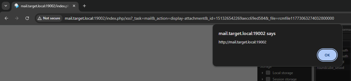 Screenshot der lokalen Instanz und des Pop-ups, das aus dem Angriffscode stammt