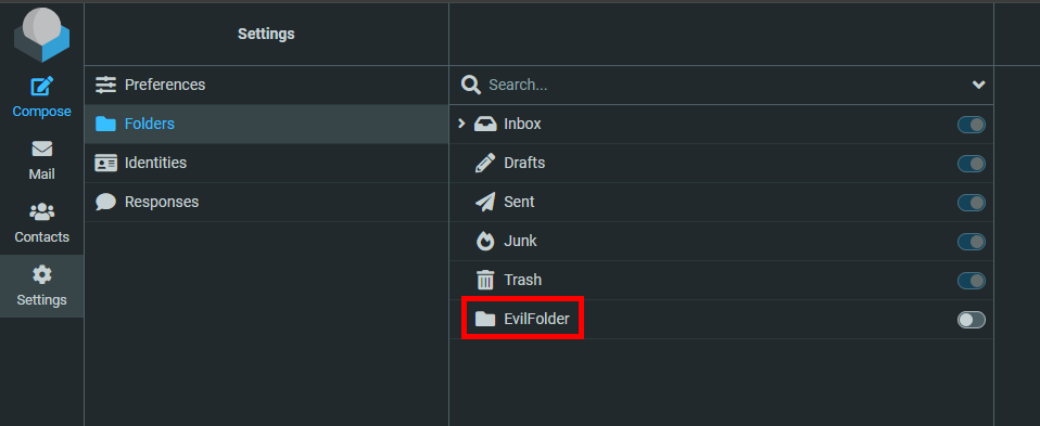 Die Roundcube-Benutzeroberfläche auf der Registerkarte „Ordner“, mit „EvilFolder“ unten
