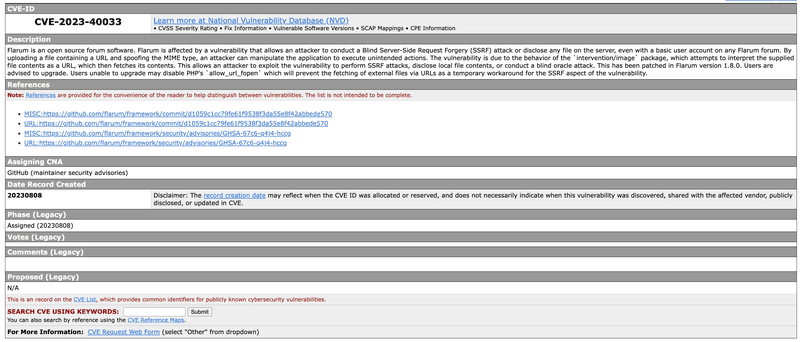 Ejemplo de registro CVE con el número CVE-2023-40033 sobre un ataque SSRF en Flarum.