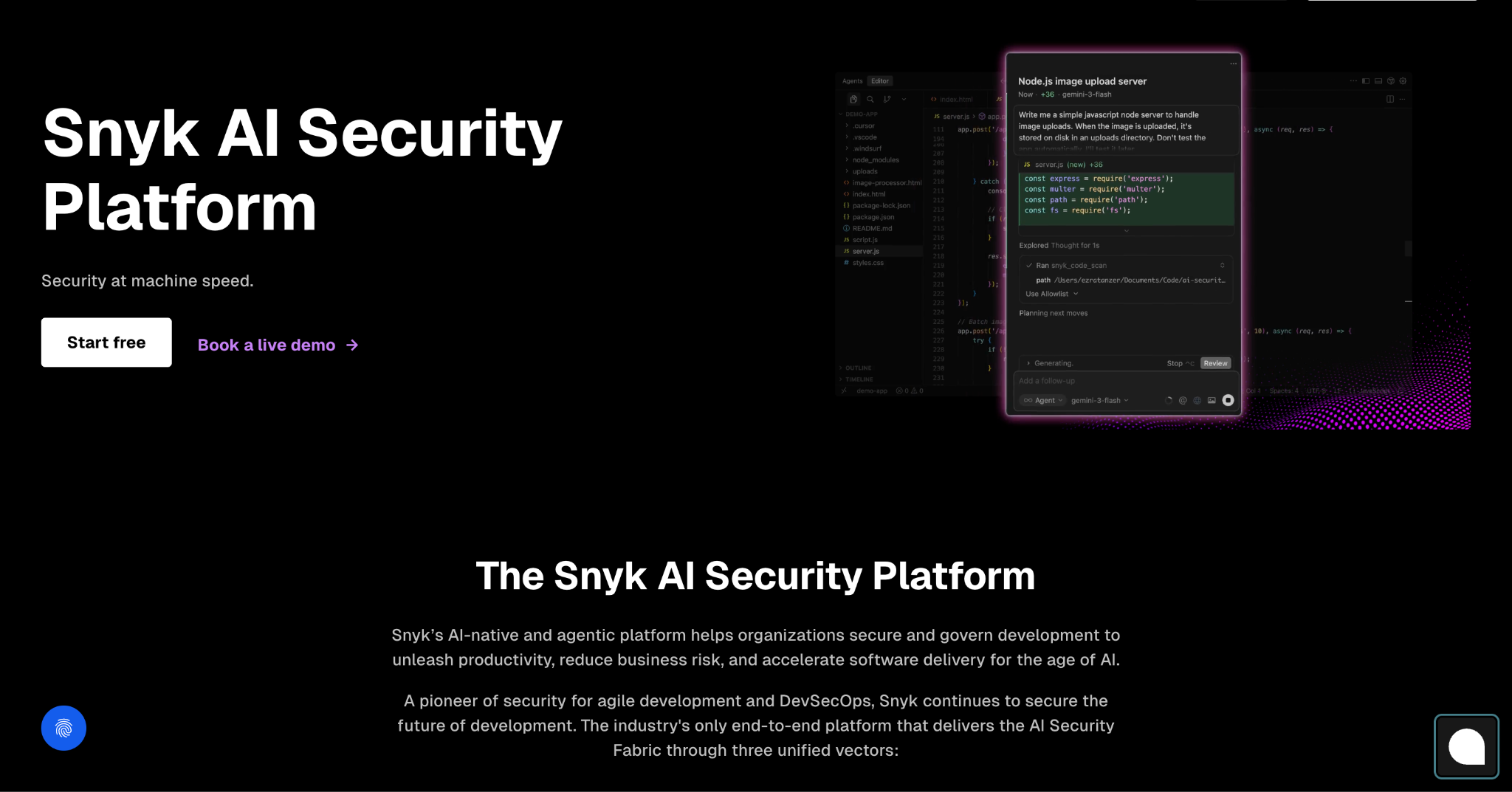 Snyk application security platform showing SCA and SAST vulnerability scanning dashboard