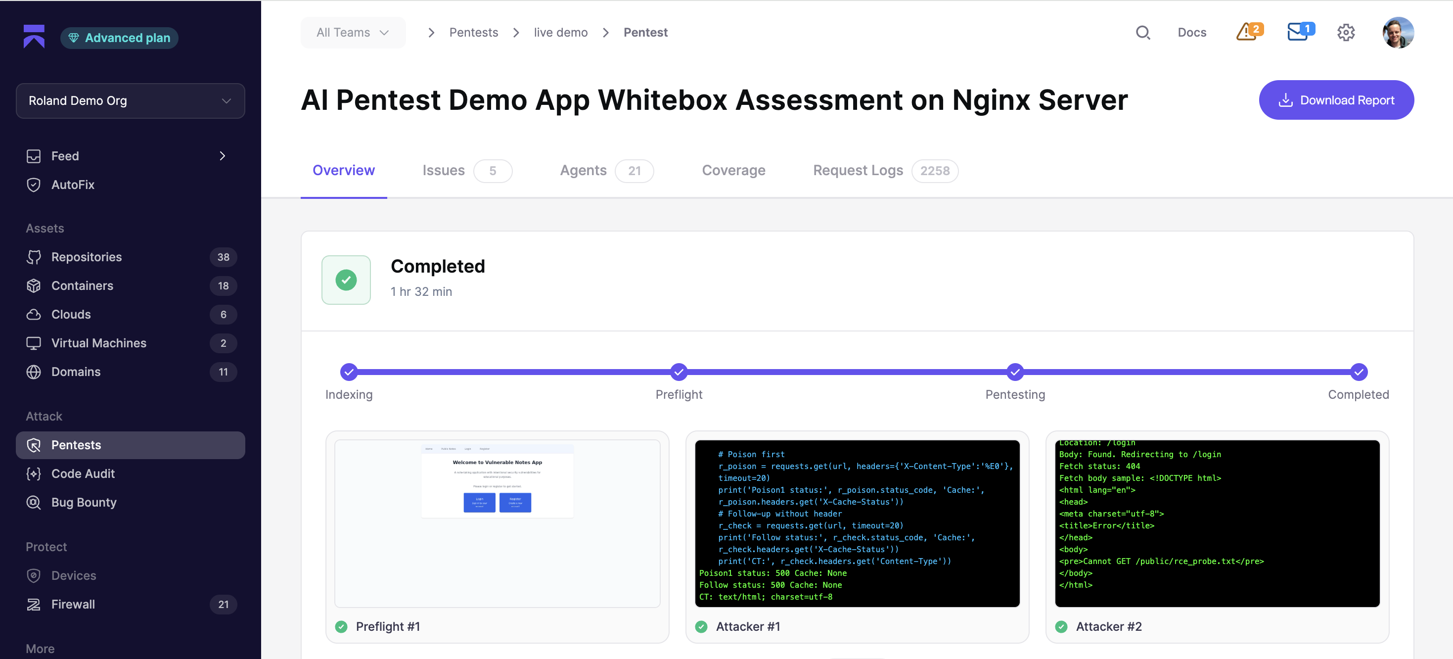 Aikido Security dashboard showing a completed AI pentest whitebox assessment, with 5 issues found across 21 agents in 1 hour 32 minutes