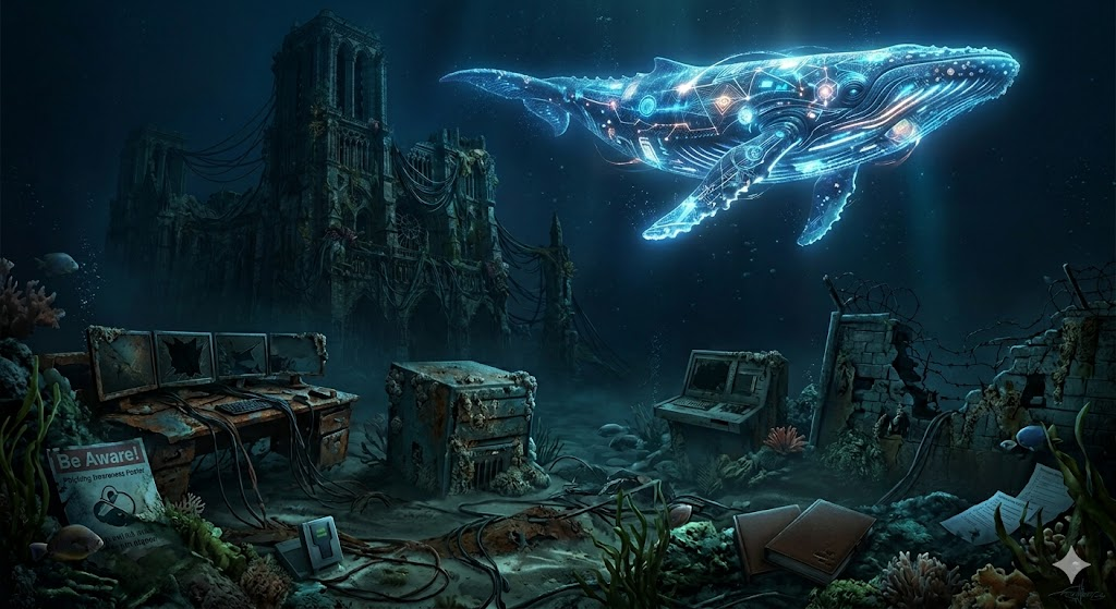 Image credit: Google Gemini prompt: a drowned cathedral of old infosec controls at the bottom of the sea, with a luminous AI leviathan passing overhead
