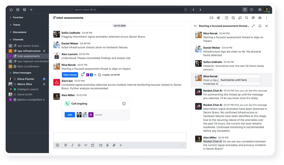 The Rocket.Chat web app with a channel open, showing the sidebar, message feed, and an active thread.