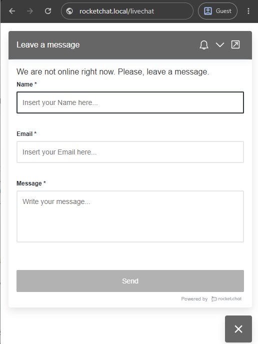 Rocket.Chat's Livechat widget at /livechat, an unauthenticated helpdesk form with name, email, and message fields.