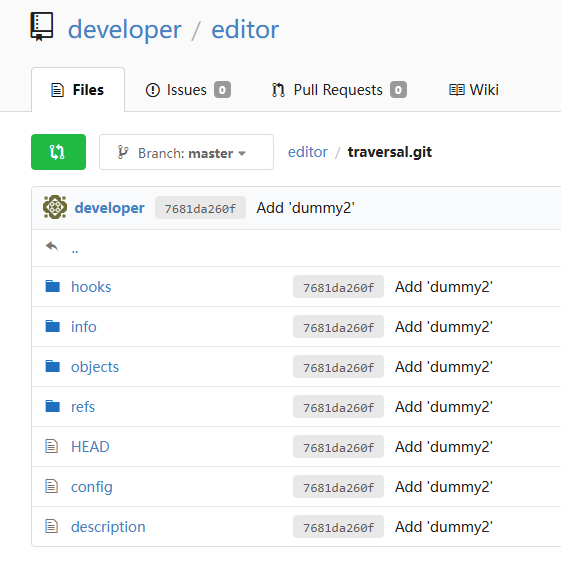 Le navigateur de fichiers Gogs affichant le dépôt « bare » traversal.git imbriqué dans le répertoire developer/editor, avec son dossier hooks et ses fichiers de métadonnées Git