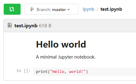 Le notebook Jupyter « test.ipynb » a été rendu dans Gogs ; il affiche le titre « Hello world » au-dessus d'une cellule de code contenant print("Hello, world!")