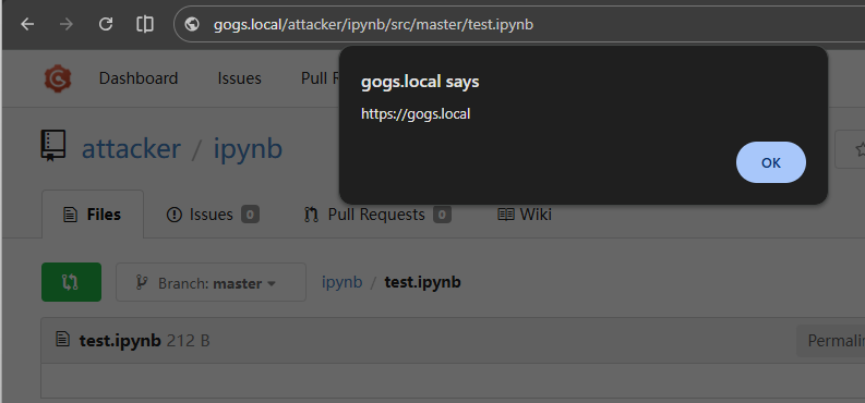 Le navigateur affiche une alerte JavaScript indiquant « gogs.local » et précisant « https://gogs.local », déclenchée par l'ouverture d'un fichier .ipynb malveillant qui met en évidence la vulnérabilité XSS de type « stored ».