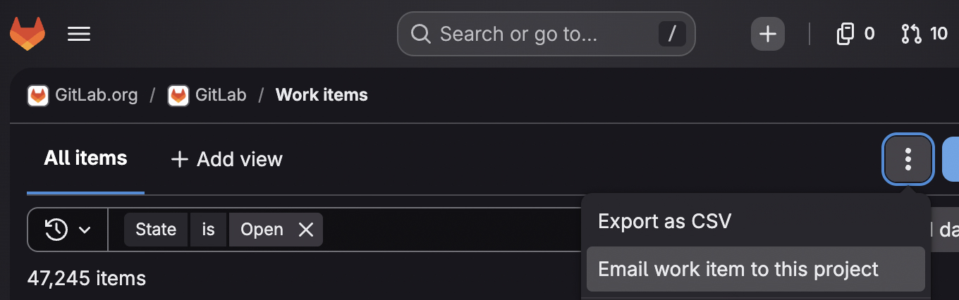GitLab Work items page with the overflow menu open, showing "Export as CSV" and a highlighted "Email work item to this project" option
