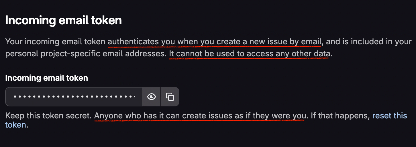 GitLab Incoming email token settings panel, with underlined text stating the token authenticates you when creating an issue by email and cannot be used to access any other data.