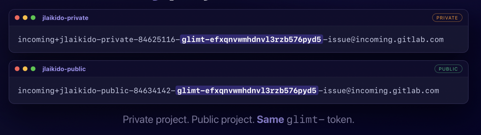 Two GitLab projects, one private and one public, showing different email addresses that contain the identical glimt- token.