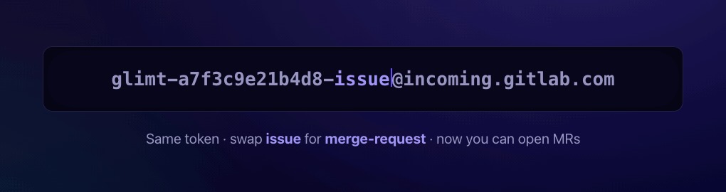 Eine GitLab-E-Mail-Adresse für eingehende Nachrichten, deren Endung von „issue“ in „merge-request“ geändert wurde, mit dem Hinweis, dass man mit demselben Token nun Merge-Requests eröffnen kann.