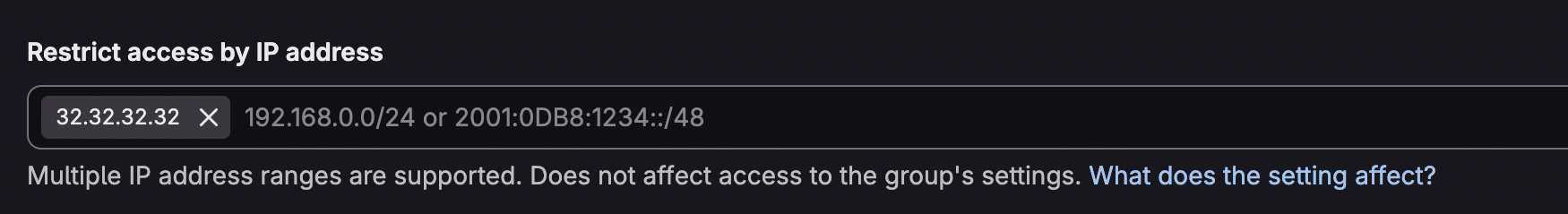 GitLab "Restrict access by IP address" setting configured to allow a single IP address.