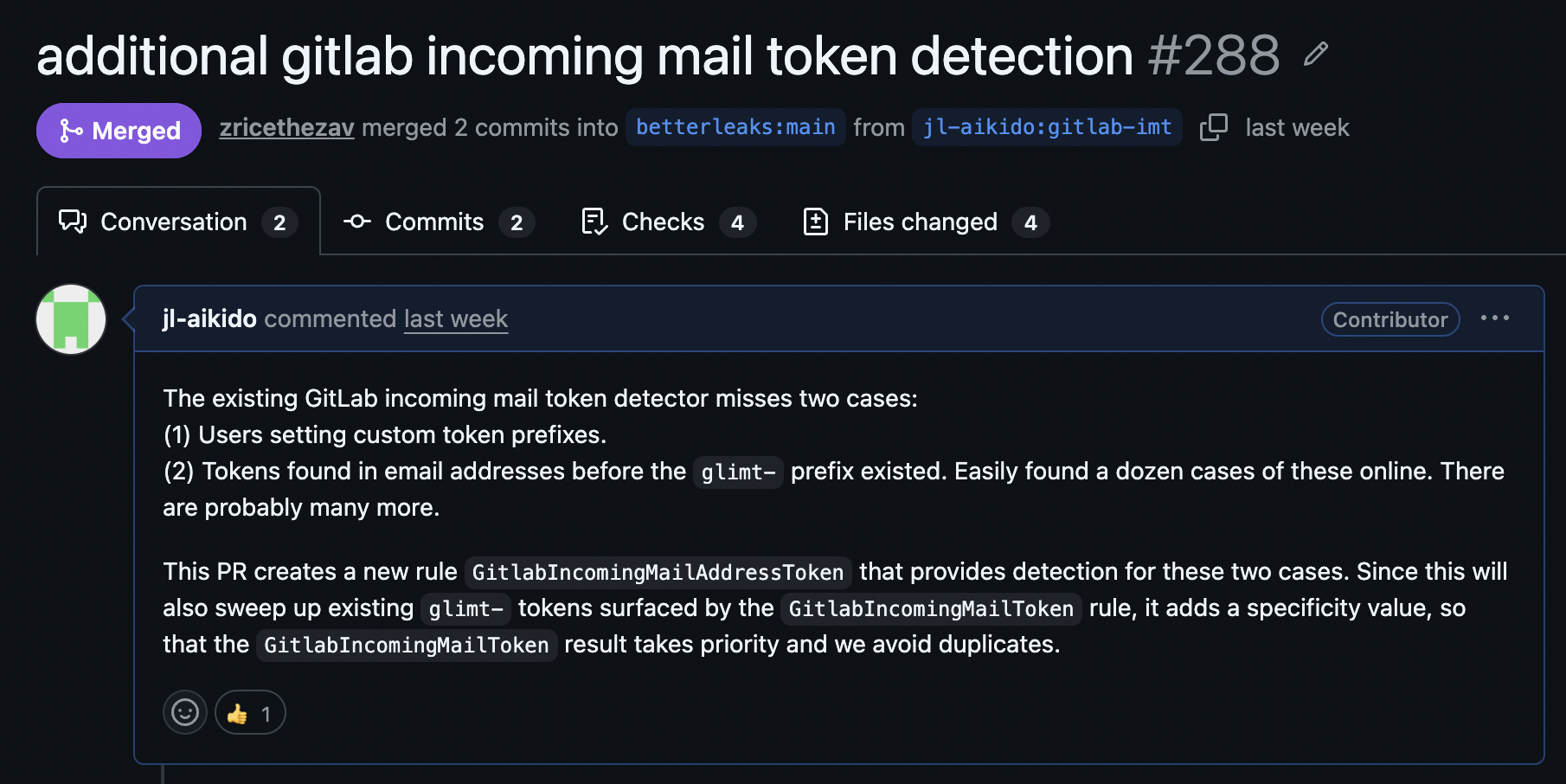 A merged Betterleaks pull request titled "additional gitlab incoming mail token detection," with a description explaining it adds detection for custom token prefixes and older tokens found in public email addresses.
