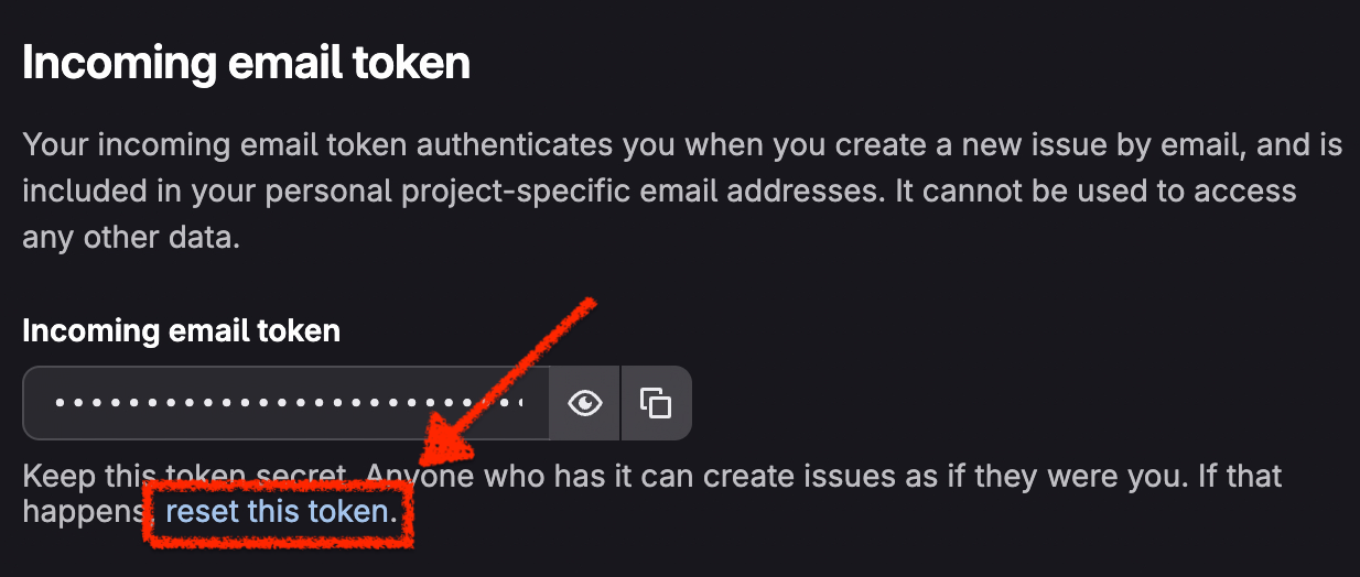 GitLab Incoming email token settings with a red arrow and box pointing to the "reset this token" link.