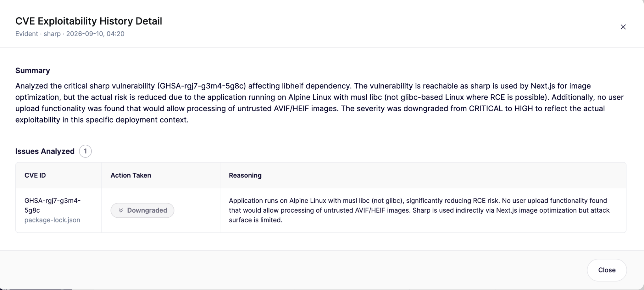 Aikido CVE Exploitability History Detail for the sharp package. The agent found the vulnerability reachable through Next.js image optimization and downgraded it from critical to high, because the app runs on Alpine Linux with musl libc and accepts no untrusted AVIF or HEIF uploads.
