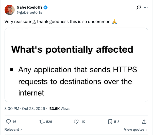 Tweet saying any application that sends HTTPS requests to destinations over the internet are affected by HTTP2Shell