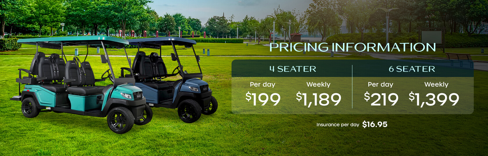 Golf cart pricing showing an orange 4-seater and a blue 6-seater