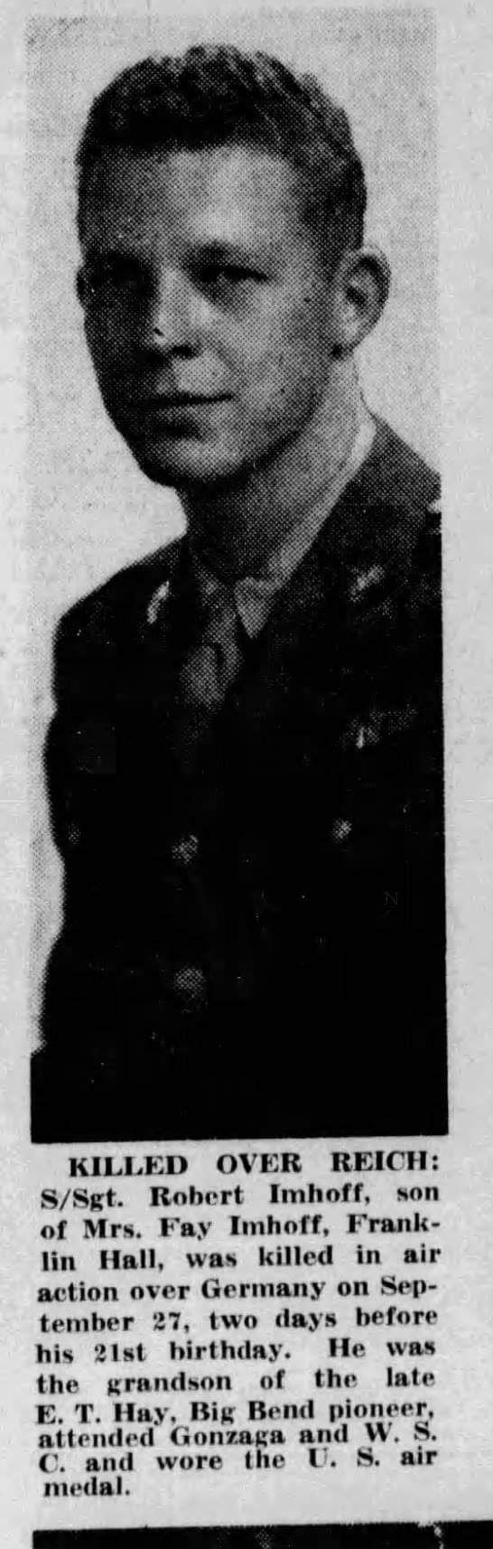 S/Sgt. Robert Imhoff, killed in air action over Germany, newspaper portrait