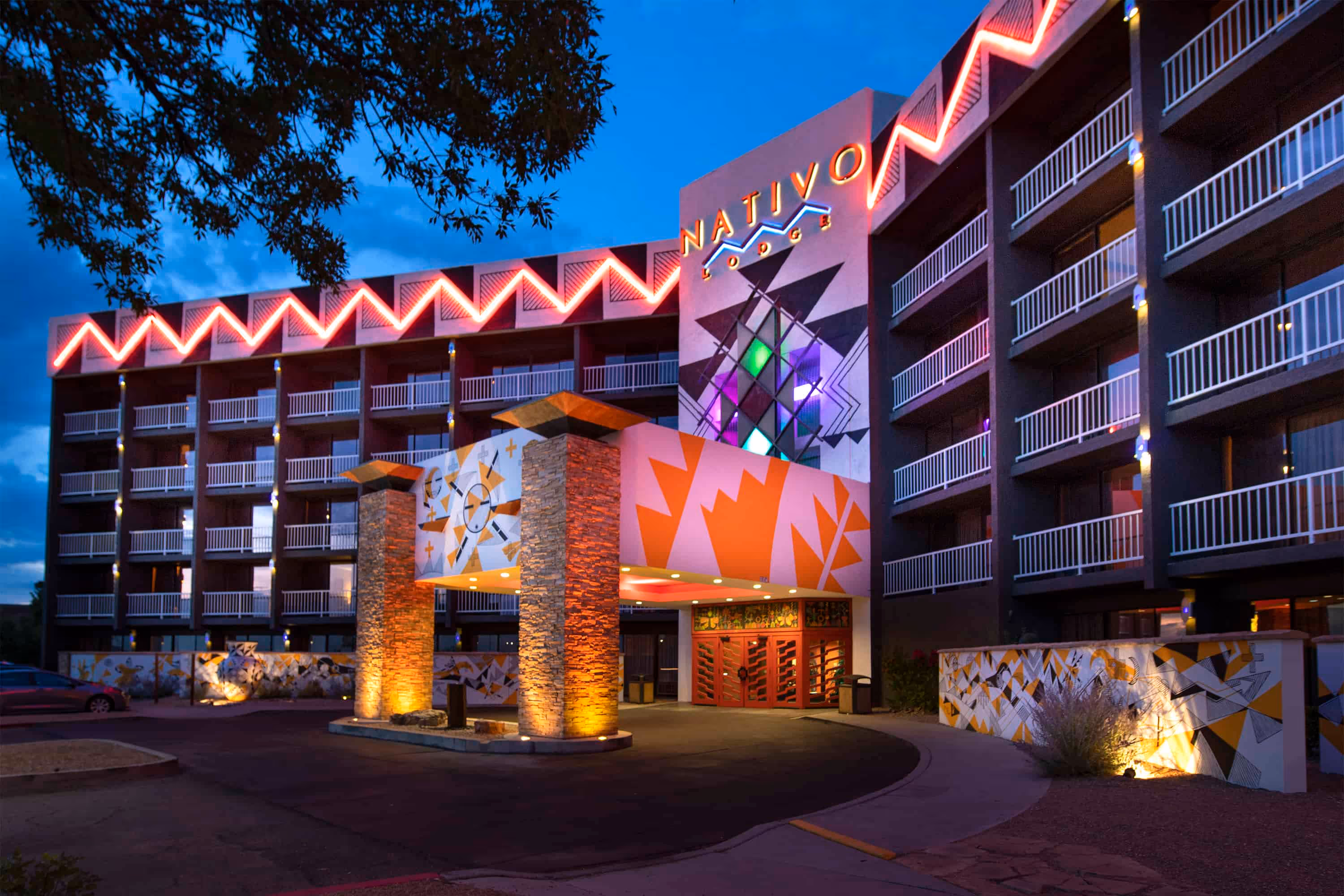 Nativo Lodge entrance in the evening