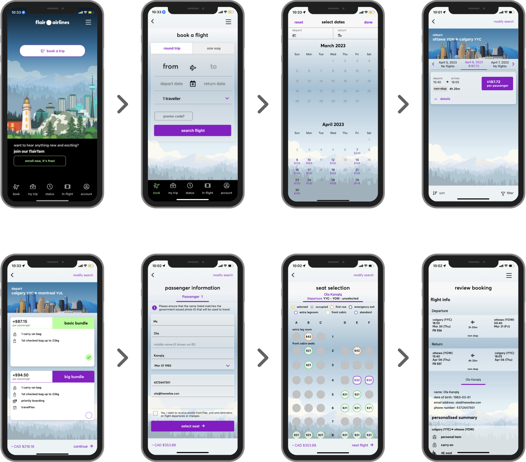 Booking Flight Screen Progression
