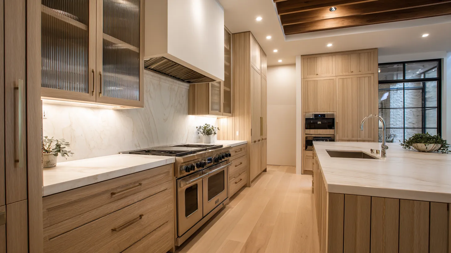 Modern kitchen with light wood cabinetry, marble countertops, stainless steel stove, and an island with a sink and plants.