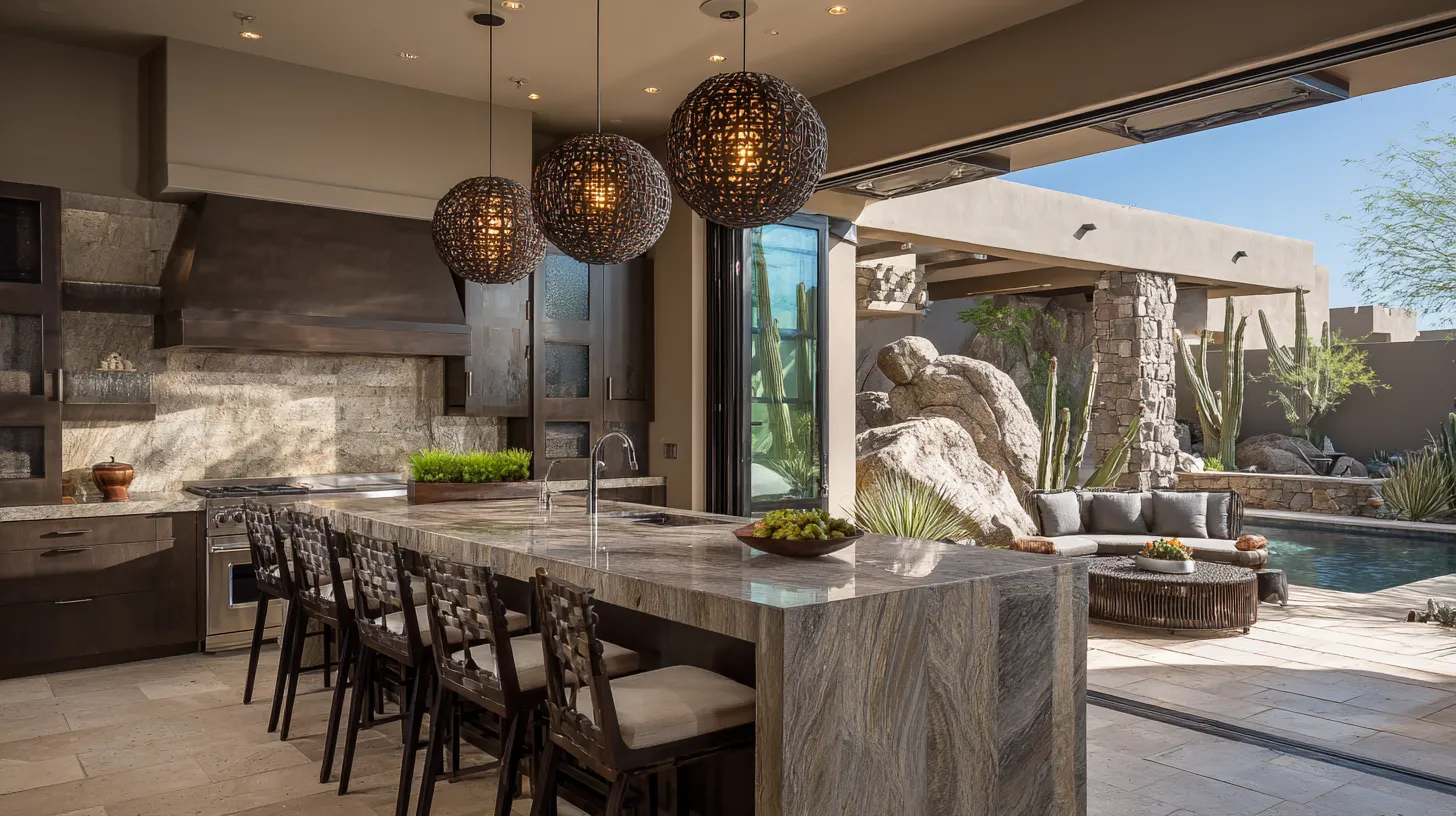 Modern kitchen with dark wood cabinets, a large marble island with bar stools, and open sliding doors to a patio with a pool and desert landscaping.