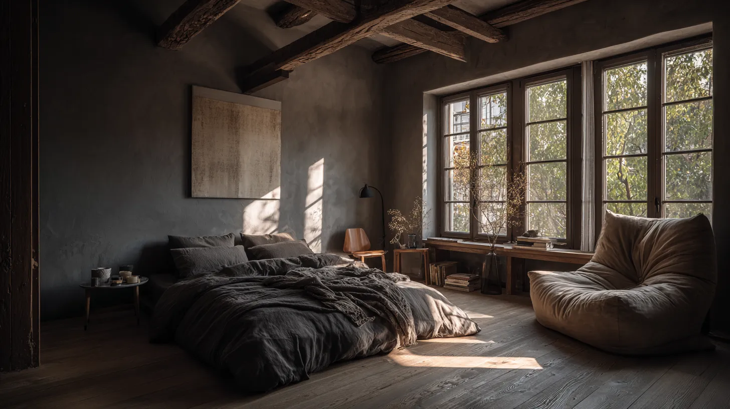 Cozy bedroom with dark bedding, wooden beams on ceiling, large window letting in sunlight, and soft cushioned chair.