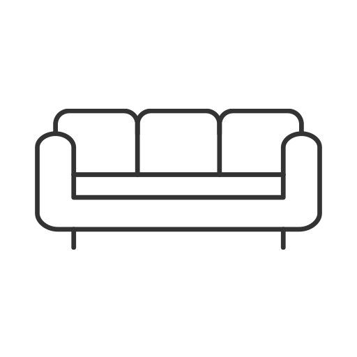 Simple black line icon of a three-seat sofa with armrests and back cushions inside a white circle.