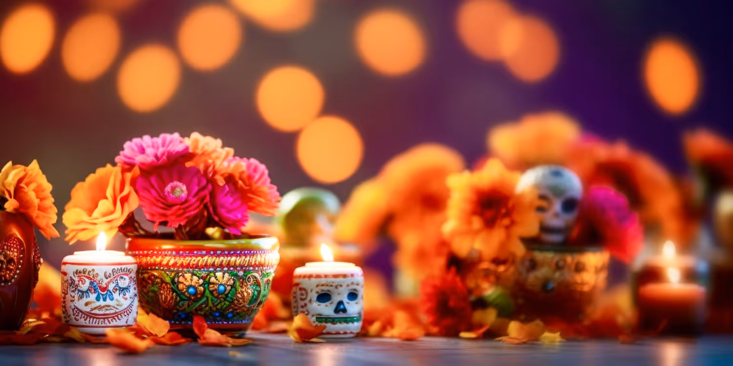 Colorful flowers in carved pot with skull tealight candle holder