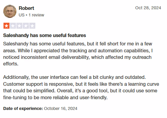 A dissatisfied Saleshandy customer's review from Trustpilot