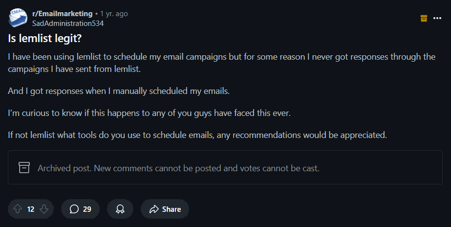 A dissatisfied Lemlist customer from Reddit