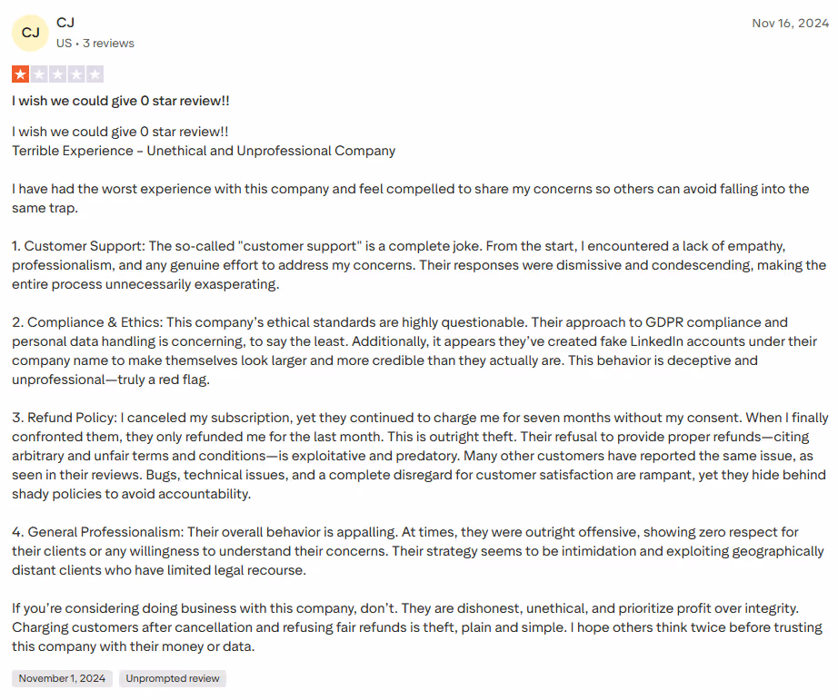 A dissatisfied Waalaxy customer review from Trustpilot