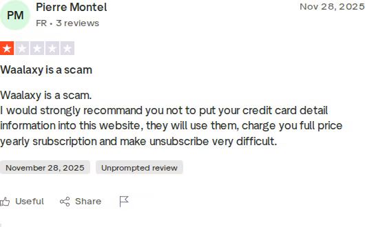 Critical 1-star Trustpilot review of Waalaxy citing billing and cancellation complaints, dated November 28, 2025