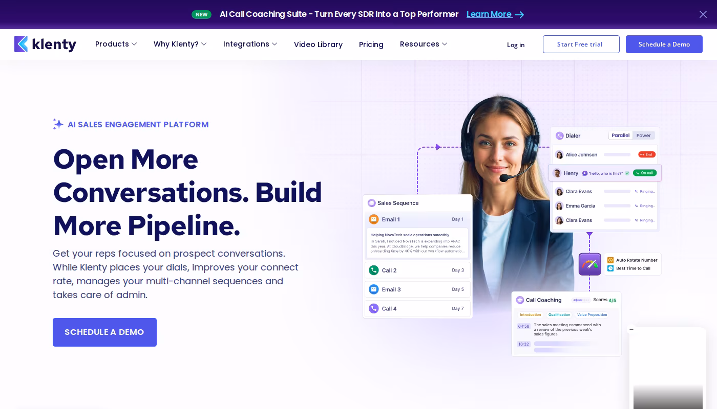 Klenty homepage showing the sales engagement platform positioning around dialer and AI cadences